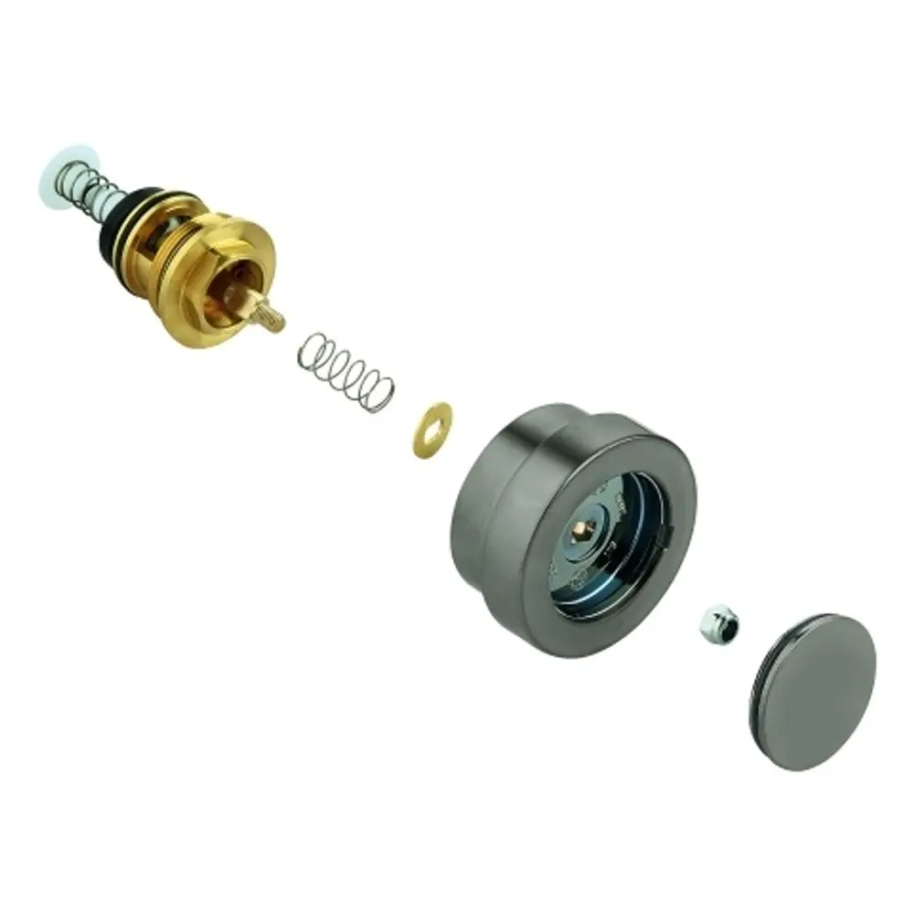 Teile einer Grohe-Umstellung mit verschiedenen Komponenten, darunter eine Feder, Dichtungen und eine metallene Abdeckung, angeordnet zur Ansicht der Einzelteile.