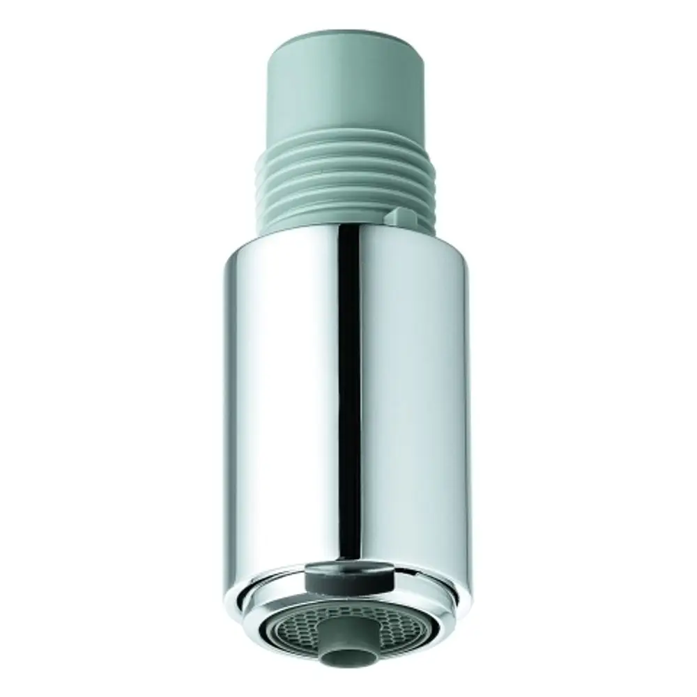 Grohe Spülbrause mit metalischem Design und runder Kopfstruktur, ausgestattet mit einem abnehmbaren Einsatz für verschiedene Strahlarten.