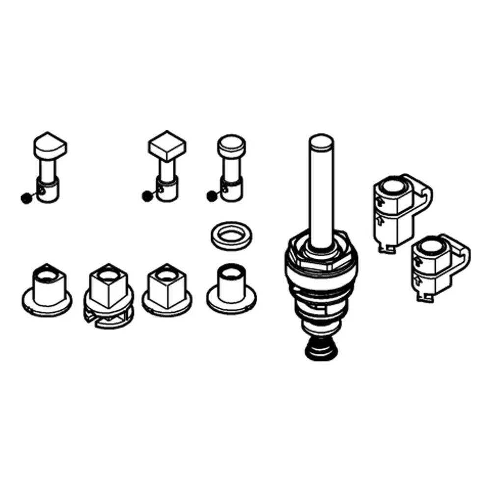 Schematische Darstellung von Grohe-Armaturenkomponenten, einschließlich verschiedener Ventile und Dichtungen, auf hellem Hintergrund.