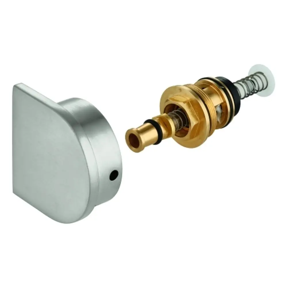 GROHE Umstellungsmechanismus in Gold und Silber für Wand- und Bodenmontage, bestehend aus einer gedrehten Elementeinheit und einem Montageelement.