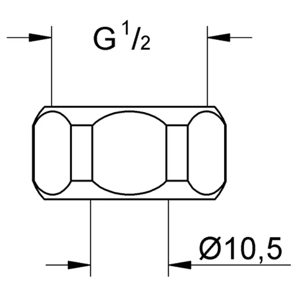 Grohe Verschraubung mit einem Anschluss G 1/2" und einer Bohrung von 10,5 mm, abgebildet in technischer Zeichnung.