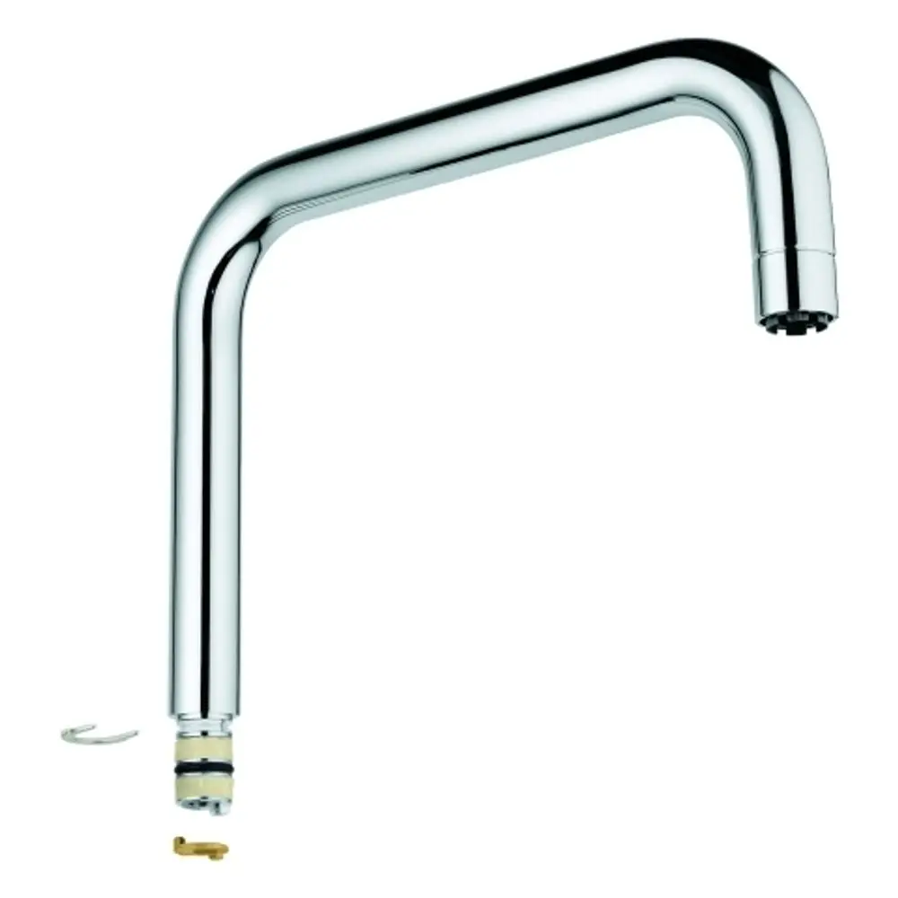 GROHE Auslauf in chromfarbener Ausführung mit geschwungener Form. Im Bild sind auch die dazugehörigen Teile wie Dichtungen und Halterungen sichtbar.