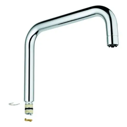 GROHE Auslauf in chromfarbener Ausführung mit geschwungener Form. Im Bild sind auch die dazugehörigen Teile wie Dichtungen und Halterungen sichtbar.