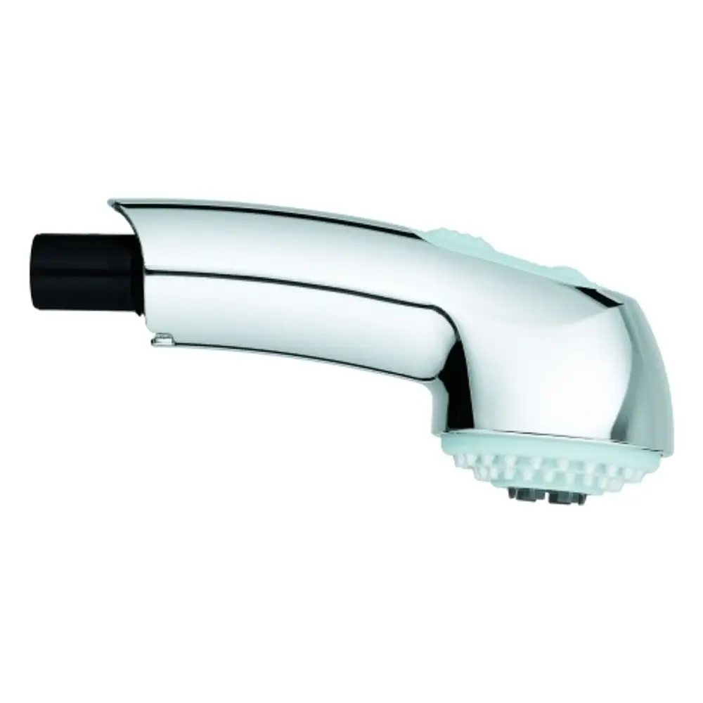 Grohe Spülbrause in chrom mit einem schwarzen Anschluss, ergonomischer Form und drei sowie wechselbaren Strahlfunktionen.