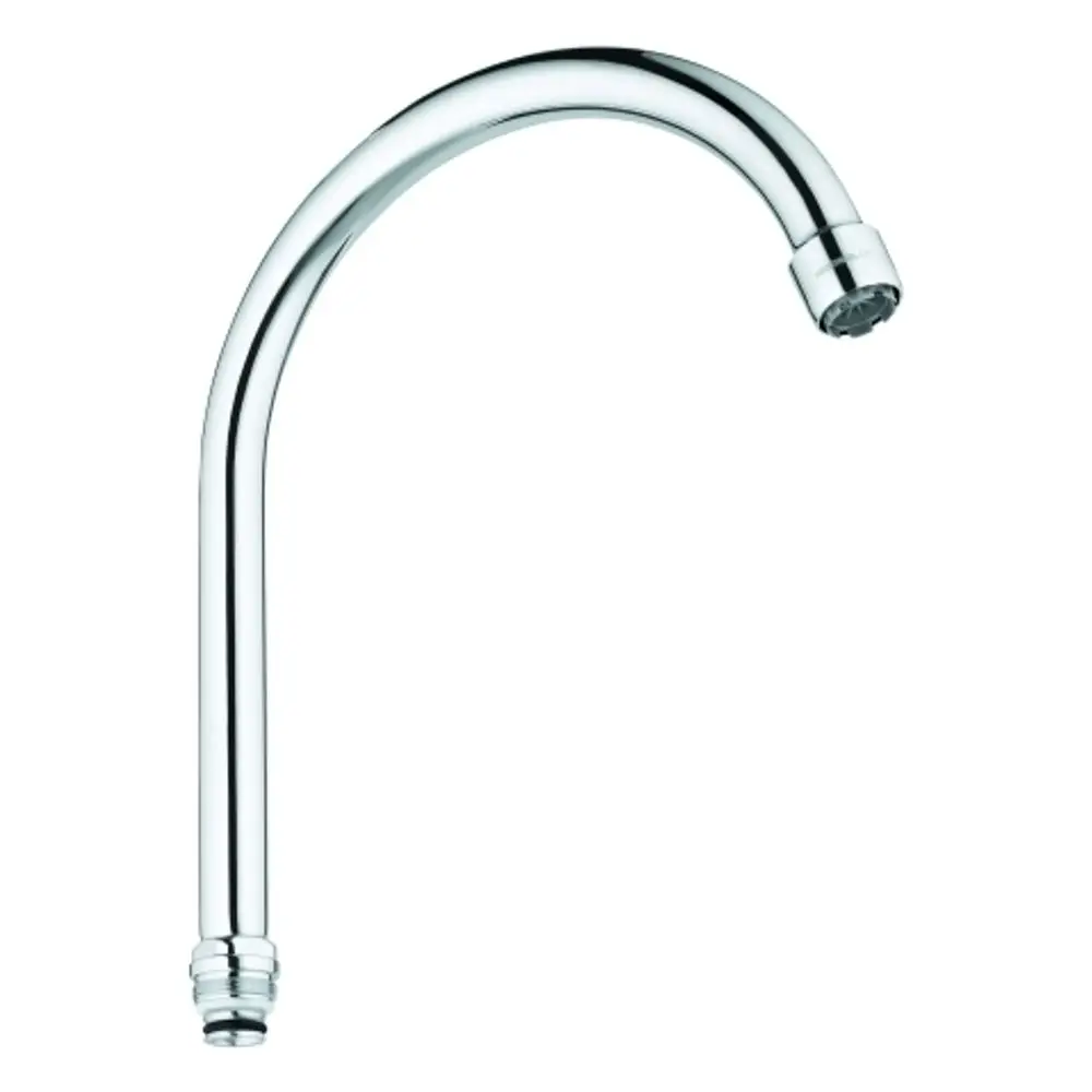 Chromfarbener Auslauf von Grohe mit gebogenem Design, geeignet für Niederdruckanlagen, ohne erkennbare Maße oder spezifische Artikelnummer.