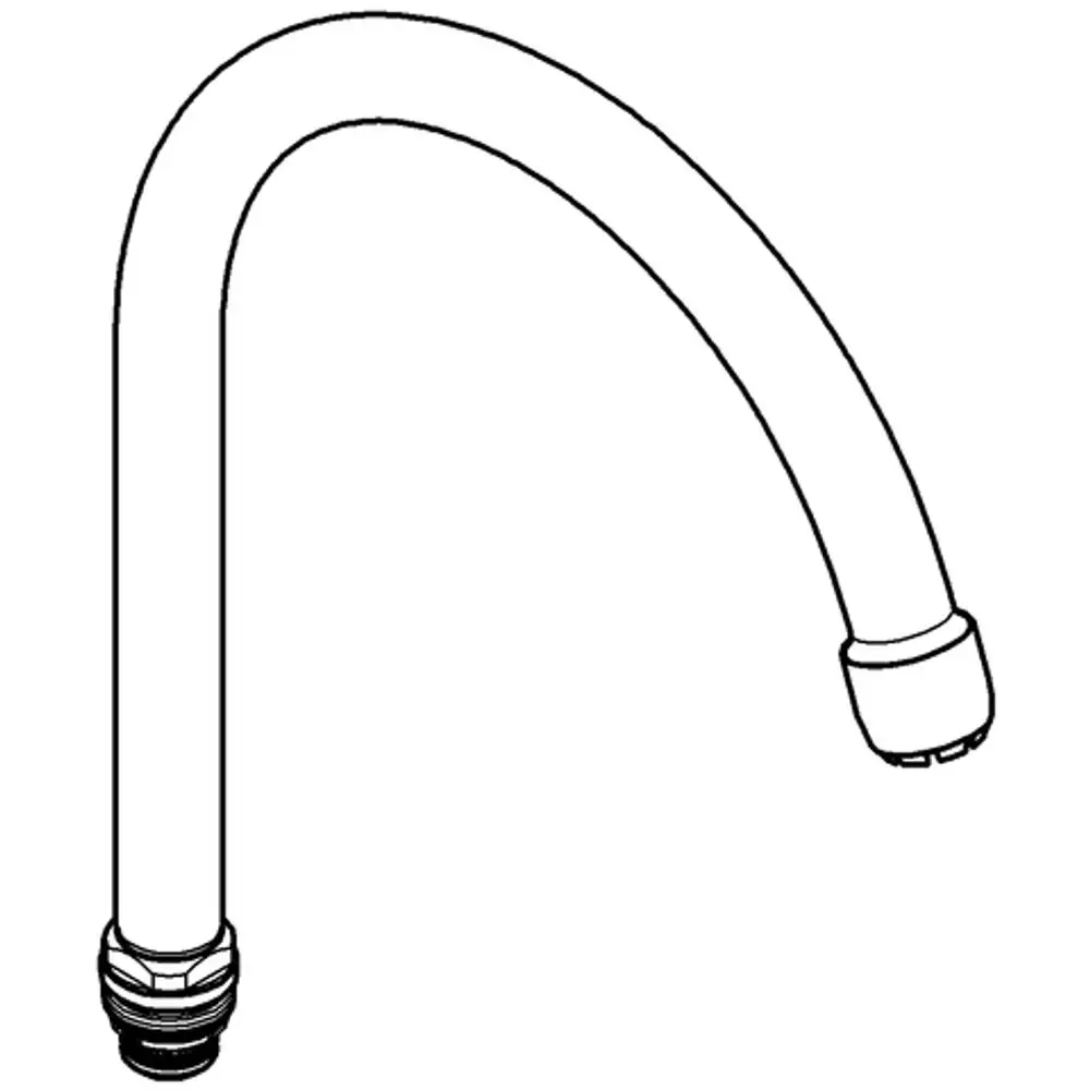 Auslauf mit gebogenem Rohr und zwei Anschlüssen, hergestellt von Grohe. Der Artikel ist in Chromoptik gestaltet.