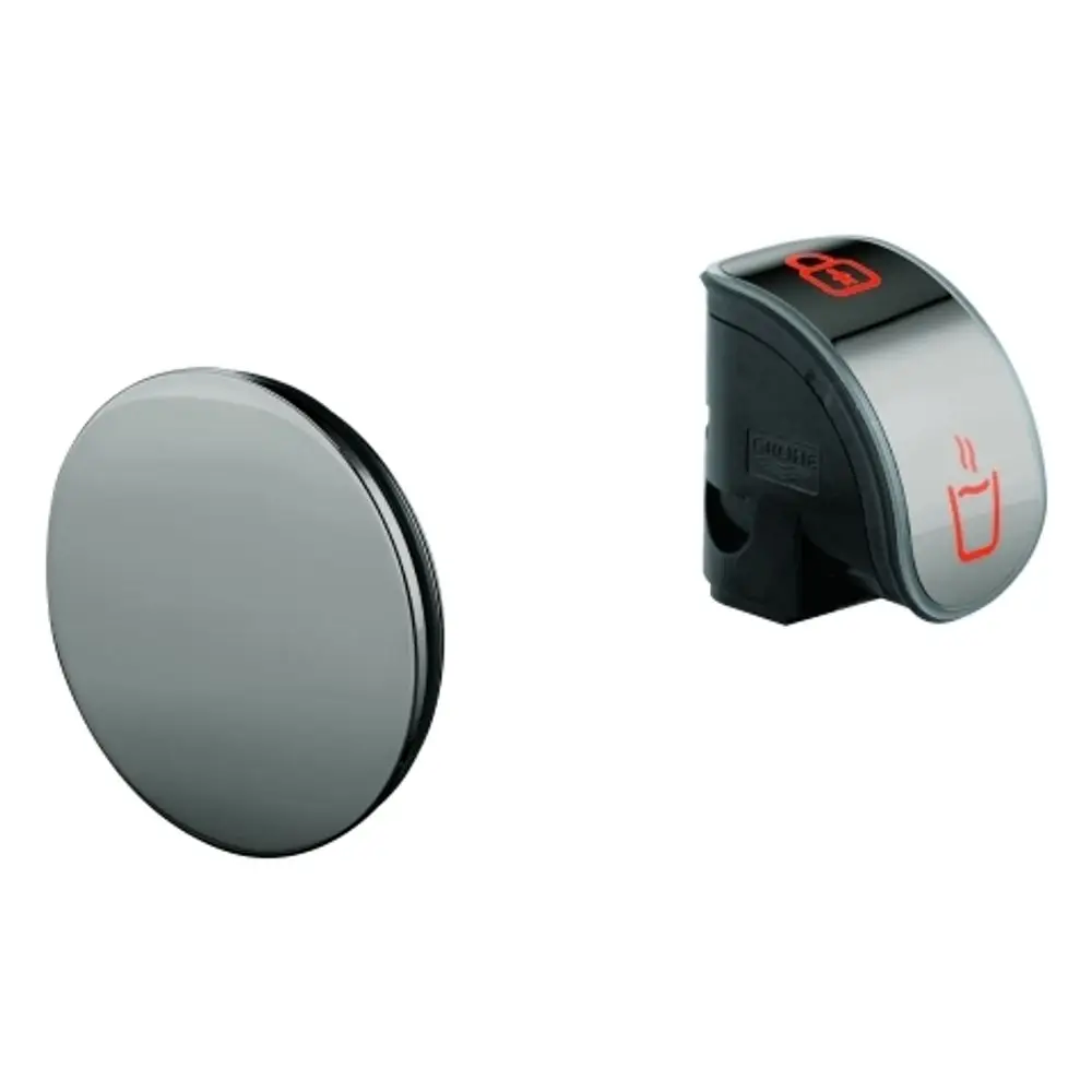 Grohe Bedieneinheit in zwei Teilen, einer runden Tastenoberfläche und einem Bedienfeld mit Symbolen, gestaltet für die Nutzung mit GROHE Red.