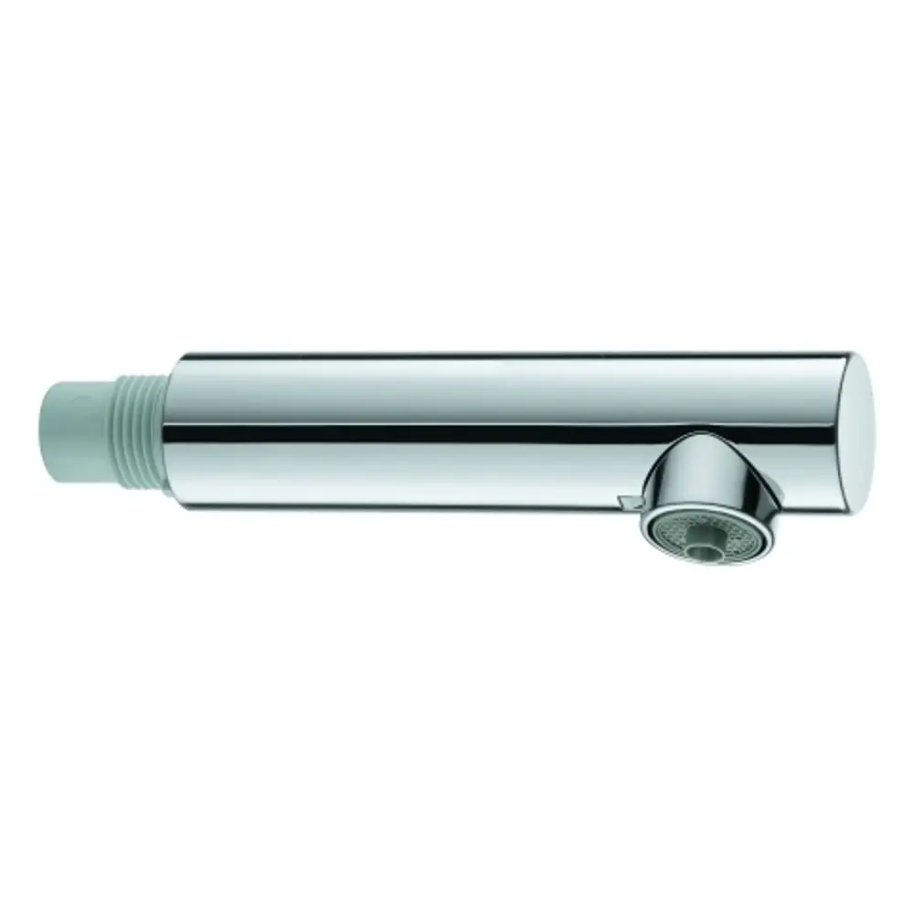 Spülbrause aus verchromtem Material für eine GROHE Blue Spültischbatterie, mit einem modernen, rundlichen Design und einfach zu handhabender Auslauföffnung.
