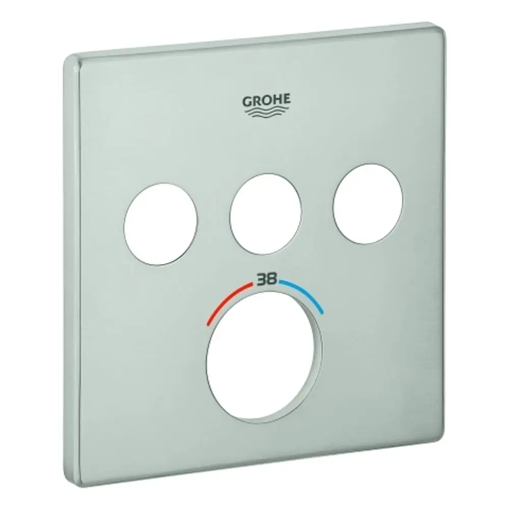 GROHE Abdeckplatte mit drei Öffnungen in einem eckigen Design. Zubehör für ein Thermostat, mit Temperaturanzeige in Blau und Rot. Edelstahloptik.