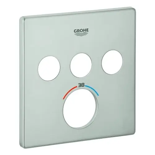 GROHE Abdeckplatte mit drei Öffnungen in einem eckigen Design. Zubehör für ein Thermostat, mit Temperaturanzeige in Blau und Rot. Edelstahloptik.