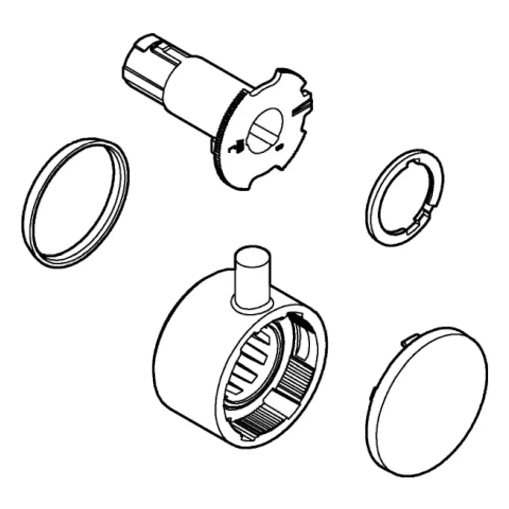 GROHE Absperrgriff in der Farbe hartes Graphit, bestehend aus mehreren Einzelteilen, darunter ein Hauptgriff, Dichtungsring und Sicherungsring, für Duschsystemanwendungen.