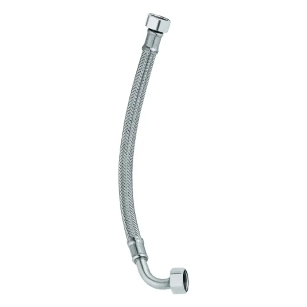 GROHE Anschlussschlauch mit einer flexiblen, metallummantelten Oberfläche und einem gebogenen Ende zur Verbindung von Sanitärinstallationen.