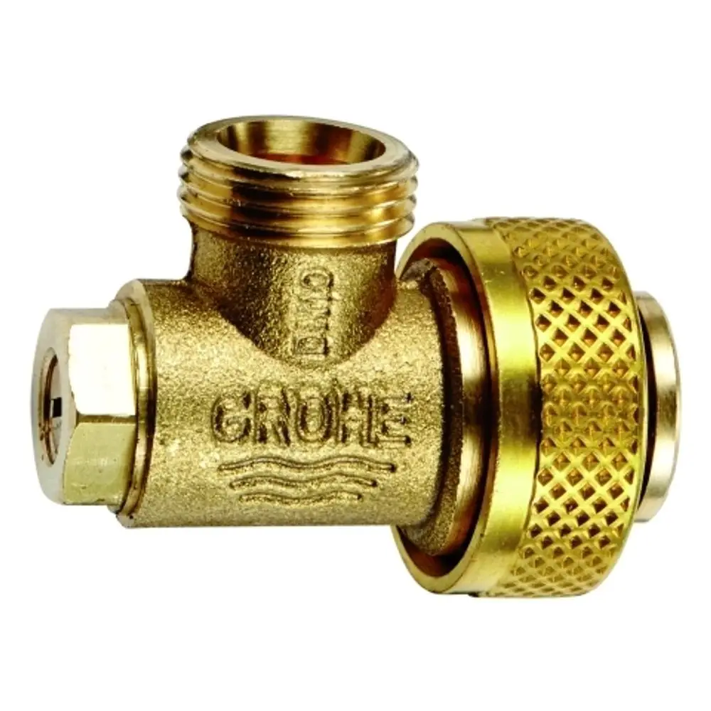 GROHE Eckventil in Messing mit einem Anschluss mit Gewinde und einer verstellbaren Kappe. Das Ventil ist für die Verbindung zu einem WC-Spülkasten konzipiert.
