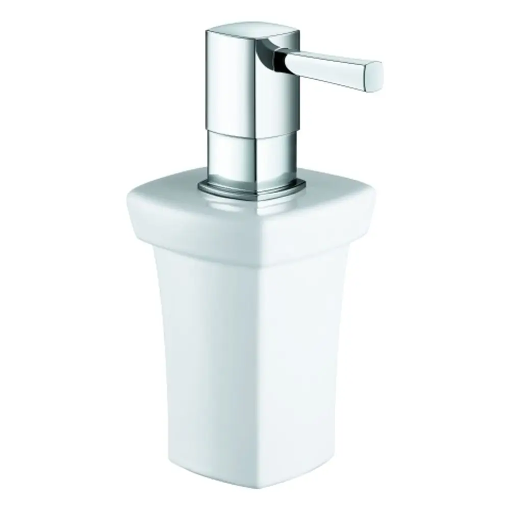 Weißer Seifenbehälter mit glänzendem Pumpenkopf von Grohe. Der Behälter hat eine quadratische Grundform und einen schmalen Hals. Optimal für Badezimmer oder Küchen.