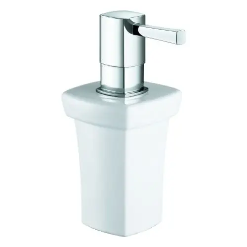 Weißer Seifenbehälter mit glänzendem Pumpenkopf von Grohe. Der Behälter hat eine quadratische Grundform und einen schmalen Hals. Optimal für Badezimmer oder Küchen.