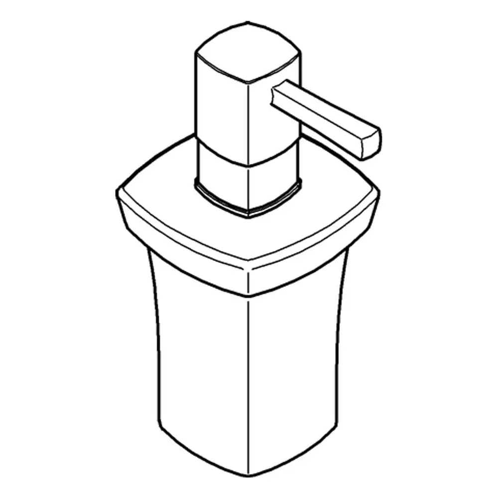 Seifenbehälter von Grohe mit pumpbarem Spender und quadratischem Deckel, konisch zulaufend, für die Anbringung in Bädern oder Küchen geeignet.