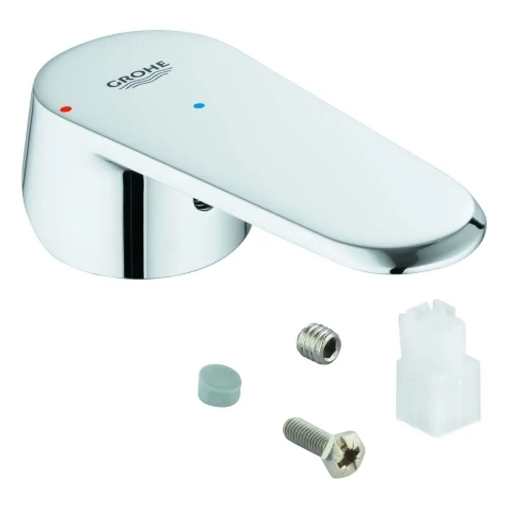 Chromfarbener Hebel von Grohe mit rotem und blauem Punkt, begleitet von verschiedenen Befestigungsteilen.