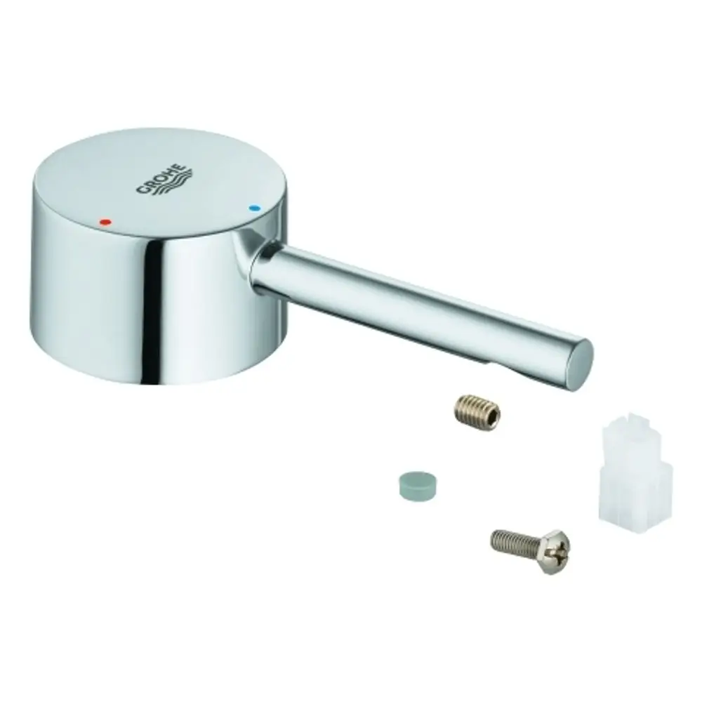 Grohe Hebel in chrom, runde Ausführung mit seitlichem Griff. Zubehörteile inklusive Schraube, Gewindeeinsatz und Verbindungselement sichtbar.
