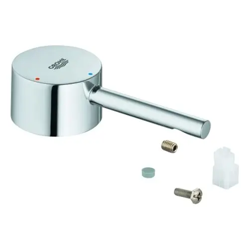 Grohe Hebel in chrom, runde Ausführung mit seitlichem Griff. Zubehörteile inklusive Schraube, Gewindeeinsatz und Verbindungselement sichtbar.