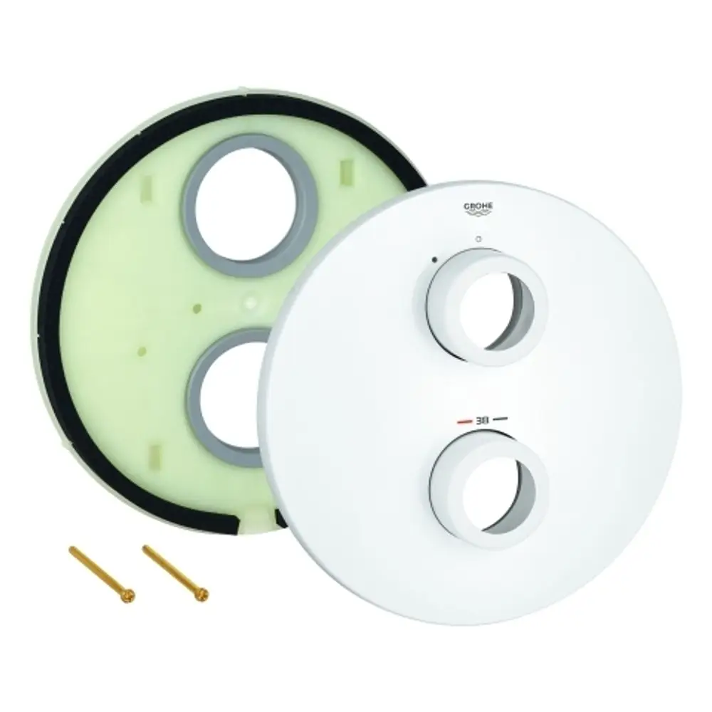 Zwei runde, weiße Rosetten von Grohe mit Öffnungen für Armaturen. Die Hinterseite ist grün und hat eine Dichtung. Enthaltene Schrauben zur Montage sind abgebildet.