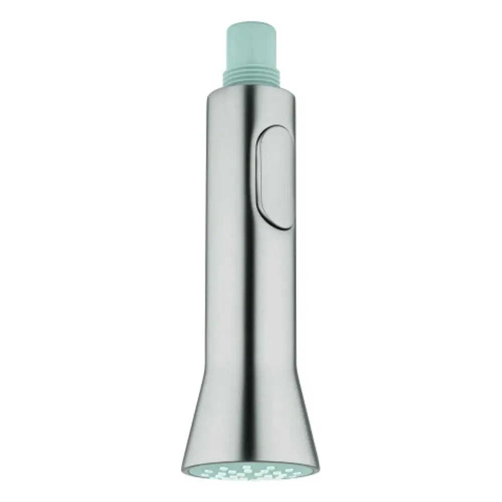 Ein stummer, grauer Wasserhahn oder eine Spülbrause von Grohe mit einem ergonomischen Griff und einer transparenten Düsenoberfläche.
