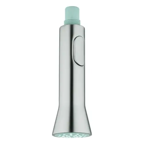 Ein stummer, grauer Wasserhahn oder eine Spülbrause von Grohe mit einem ergonomischen Griff und einer transparenten Düsenoberfläche.