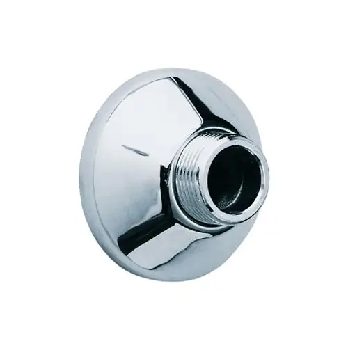 Chromfarbener S-Anschluss von Grohe mit Gewindeöffnung, geeignet für die Verbindung von Schläuchen oder Rohren. Runde, flache Wandplatte zur Montage.