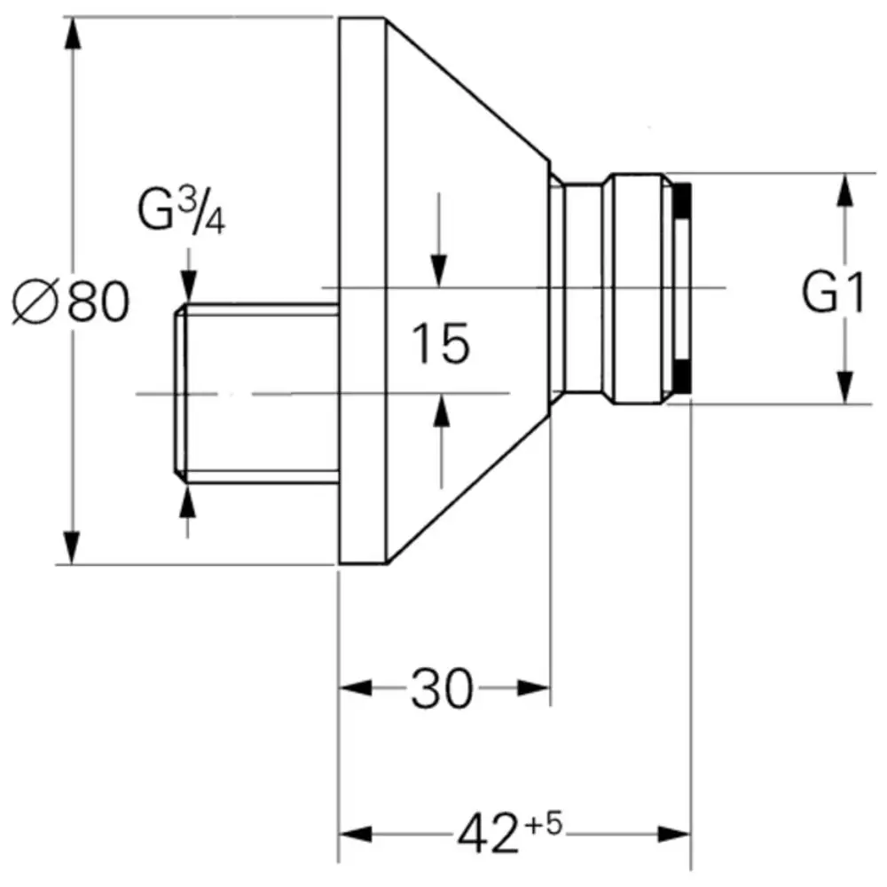 GROHE S-Anschluss mit konischer Form und Anschlussmöglichkeiten, dargestellt in technischer Zeichnung. Maße und Gewinde sind schematisch abgebildet.