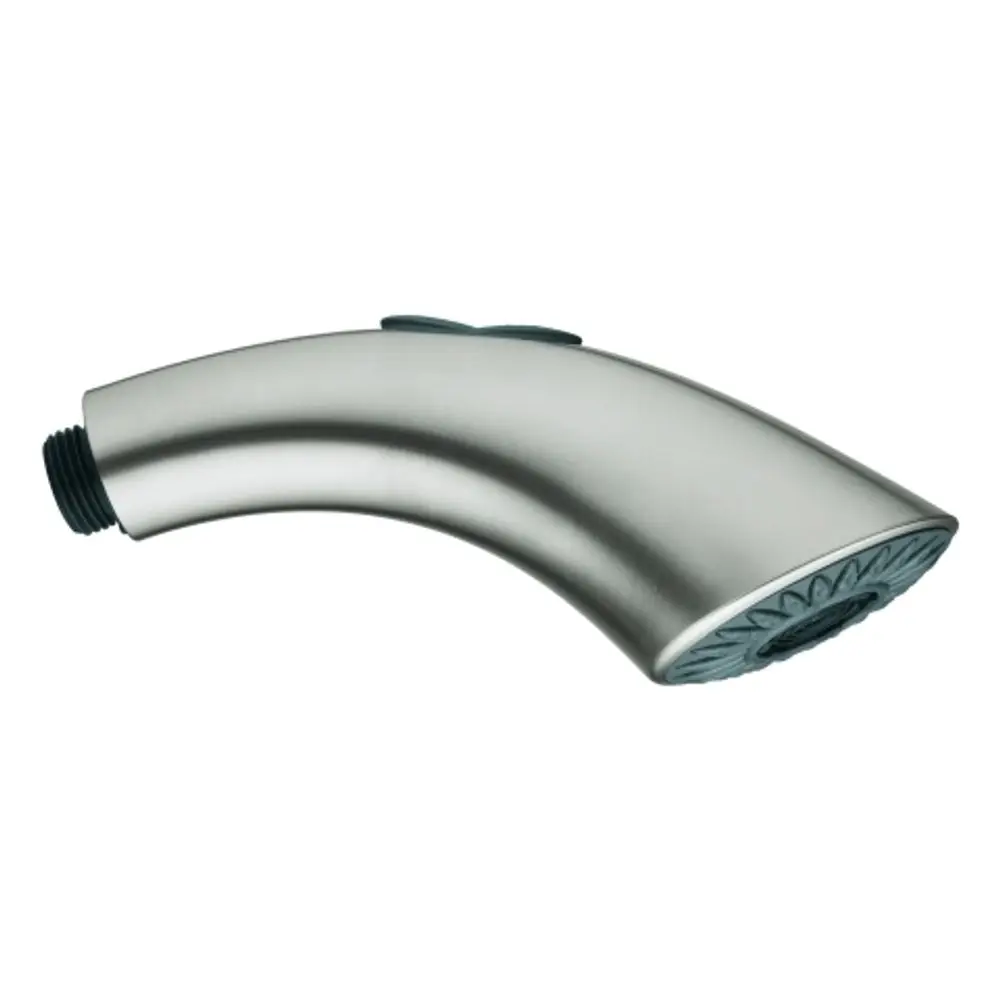 Grohe Spülbrause mit einer geschwungenen Form und einem Grifffeld. Oberflächenstruktur in metallischem Finish, geeignet für den Einsatz in Küchen.