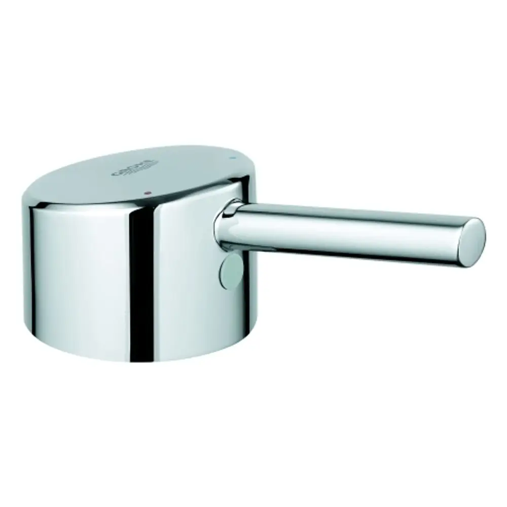 Chromfarbener Hebel von Grohe mit runder Grundfläche und seitlicher Griff. Das Design zeigt rote und blaue Markierungen zur Temperaturanpassung.