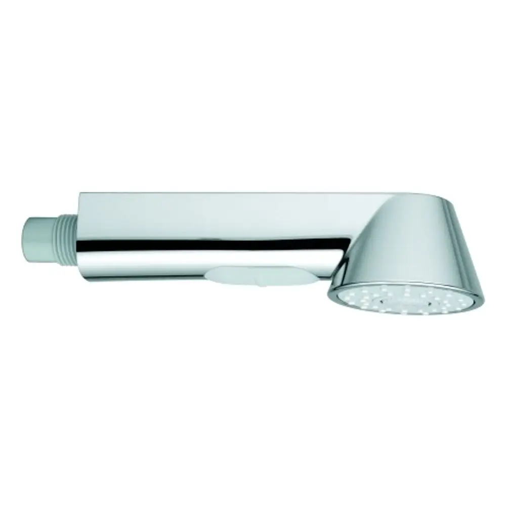 GROHE Spülbrause in Chrom-Optik mit einem schlichten Design und einem runden Duschkopf. Die Oberfläche ist glänzend und reflektiert Licht.