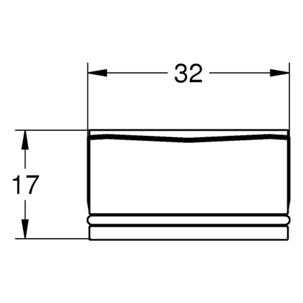 Grohe Mousseur mit runder, flacher Form und zwei umlaufenden Rillen. Das Produkt hat eine Höhe von 17 und einen Durchmesser von 32 mm, ideal für Wasseranschlüsse.
