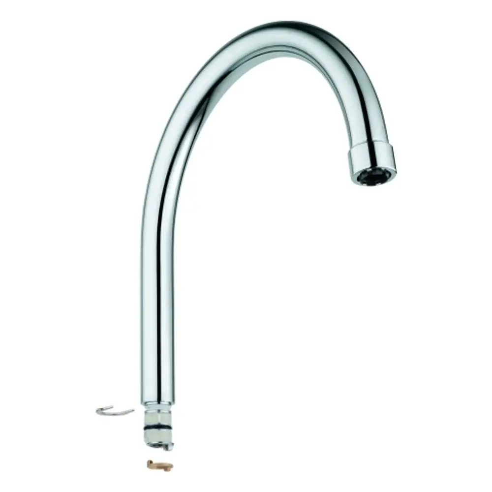 Grohe Auslauf in chrom mit gebogenem Design. Der Auslauf weist eine Anschlussstelle zur Montage auf und wird mit einem Befestigungselement geliefert.