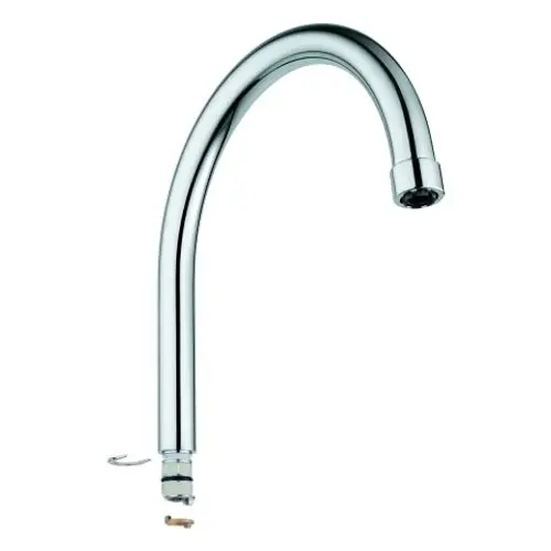 Grohe Auslauf in chrom mit gebogenem Design. Der Auslauf weist eine Anschlussstelle zur Montage auf und wird mit einem Befestigungselement geliefert.