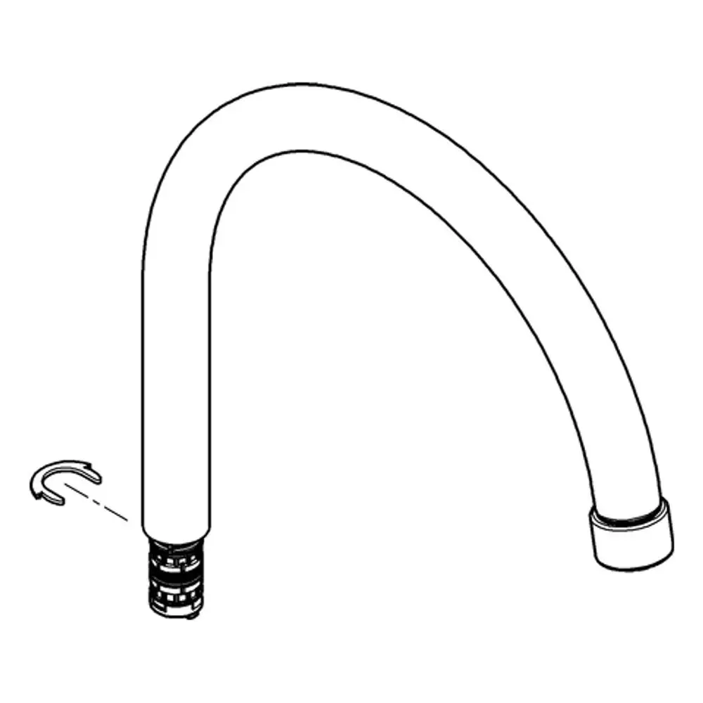 GROHE Auslauf mit gebogenem Rohr, verbunden mit einem Anschlussstück und einem Haken zum Befestigen, präsentiert in einem schematischen Design.