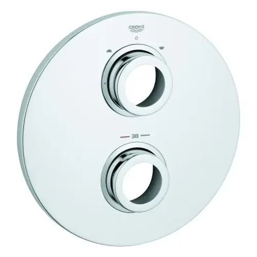 Kreisförmige Armatur von Grohe mit zwei regulierbaren Einstellringen für Temperatur und Wasserfluss, montiert auf einer glatten, chromfarbenen Oberfläche.