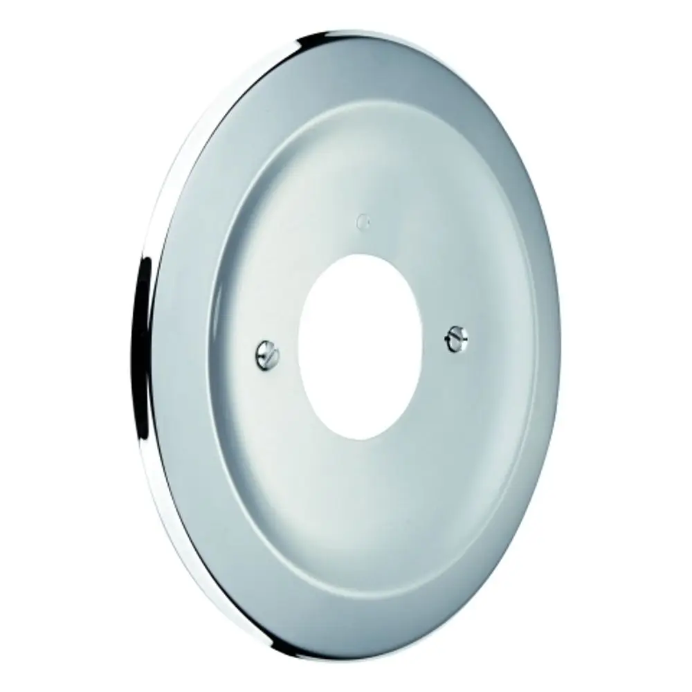 Rosette aus Chrom von Grohe, rund mit einem zentralen Loch und zwei Befestigungslöchern, geeignet für die Montage an Wänden oder Möbeln.