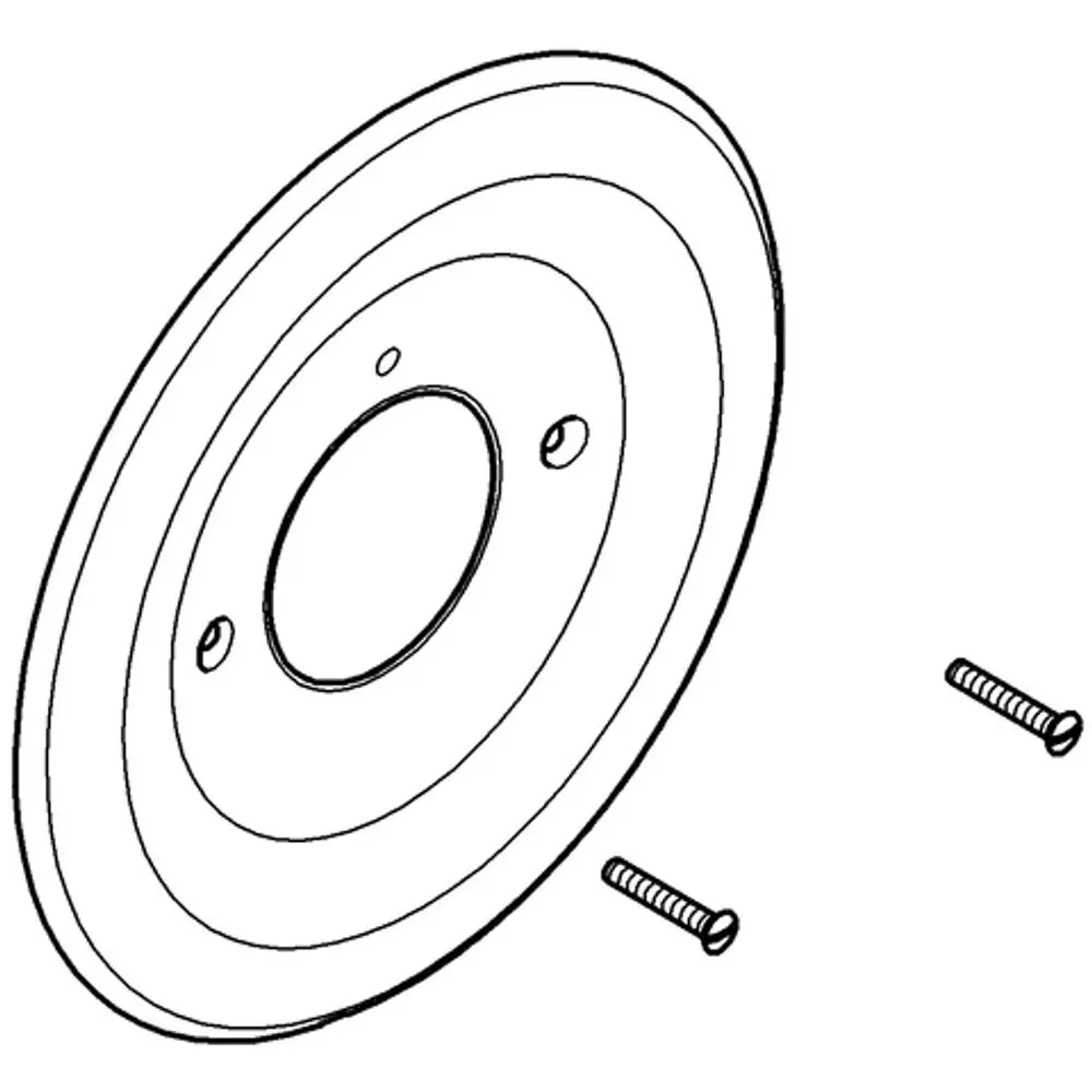 Grohe-Rosette in runder Form, mit zentralem Loch und zwei seitlichen Gewindelöchern, sowie zwei separaten Schrauben für die Befestigung.