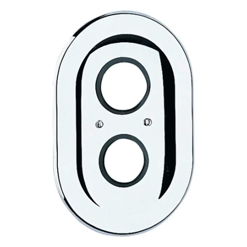 GROHE Rosette in ovaler Form mit zwei runden Ausschnitten, ausgestattet mit zwei Schrauben, aus verchromtem Material. Ideal für die Installation in Sanitäranlagen.