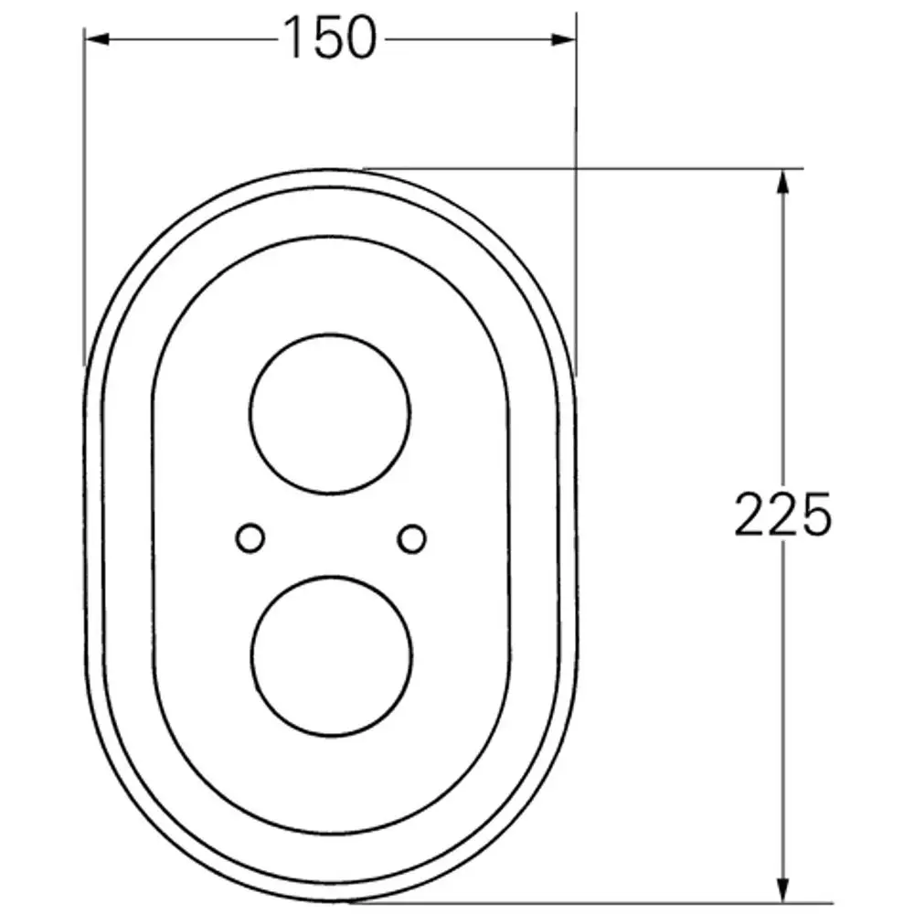 Ovales, chromfarbenes Grohe-Produkt mit zwei Öffnungen, skizziert in den Abmessungen 225 x 150 mm.