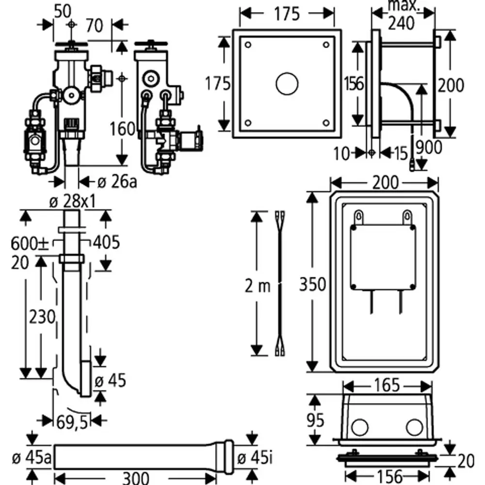 Schematische Darstellung eines GROHE Druckspülers mit verschiedenen Anschlussmaßen und Komponenten für die Installation im Sanitärbereich.