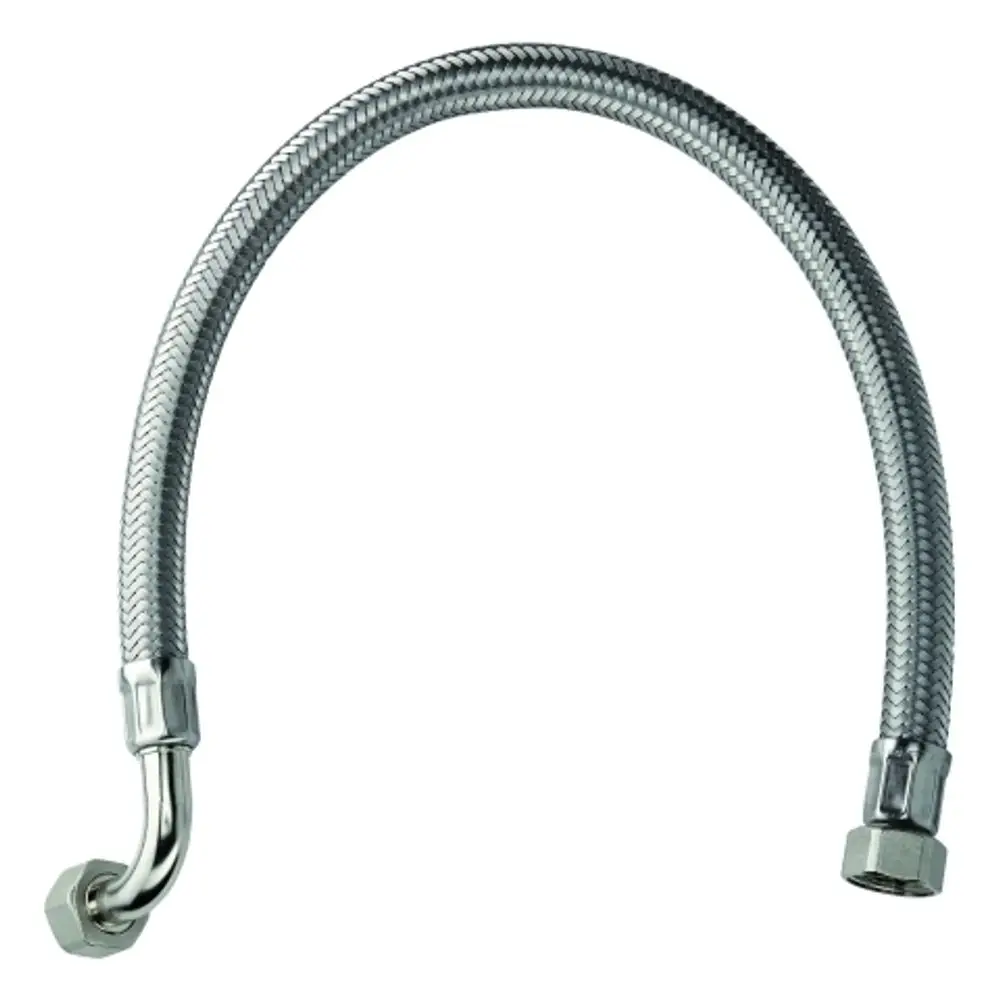 Flexibler Druckschlauch von Grohe mit einem gekrümmten Ende und zwei Anschlüssen für die Verbindung von Wasserleitungen.