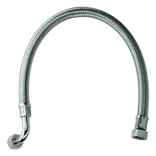 Flexibler Druckschlauch von Grohe mit einem gekrümmten Ende und zwei Anschlüssen für die Verbindung von Wasserleitungen.
