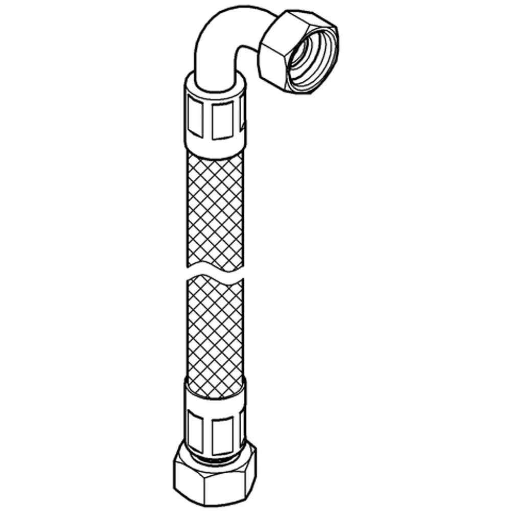 Flexibler Druckschlauch von Grohe mit gewinkeltem Ende und drei befestigten Gewindeverbindern, geeignet für die Installation in Sanitäranlagen.