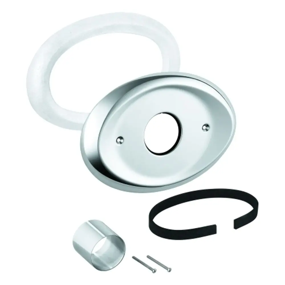 Grohe Produktset bestehend aus einer ovalen Rosette in Chrom, einer Dichtung, einem Metallring, zwei Schrauben und einer schwarzen Gummidichtung.