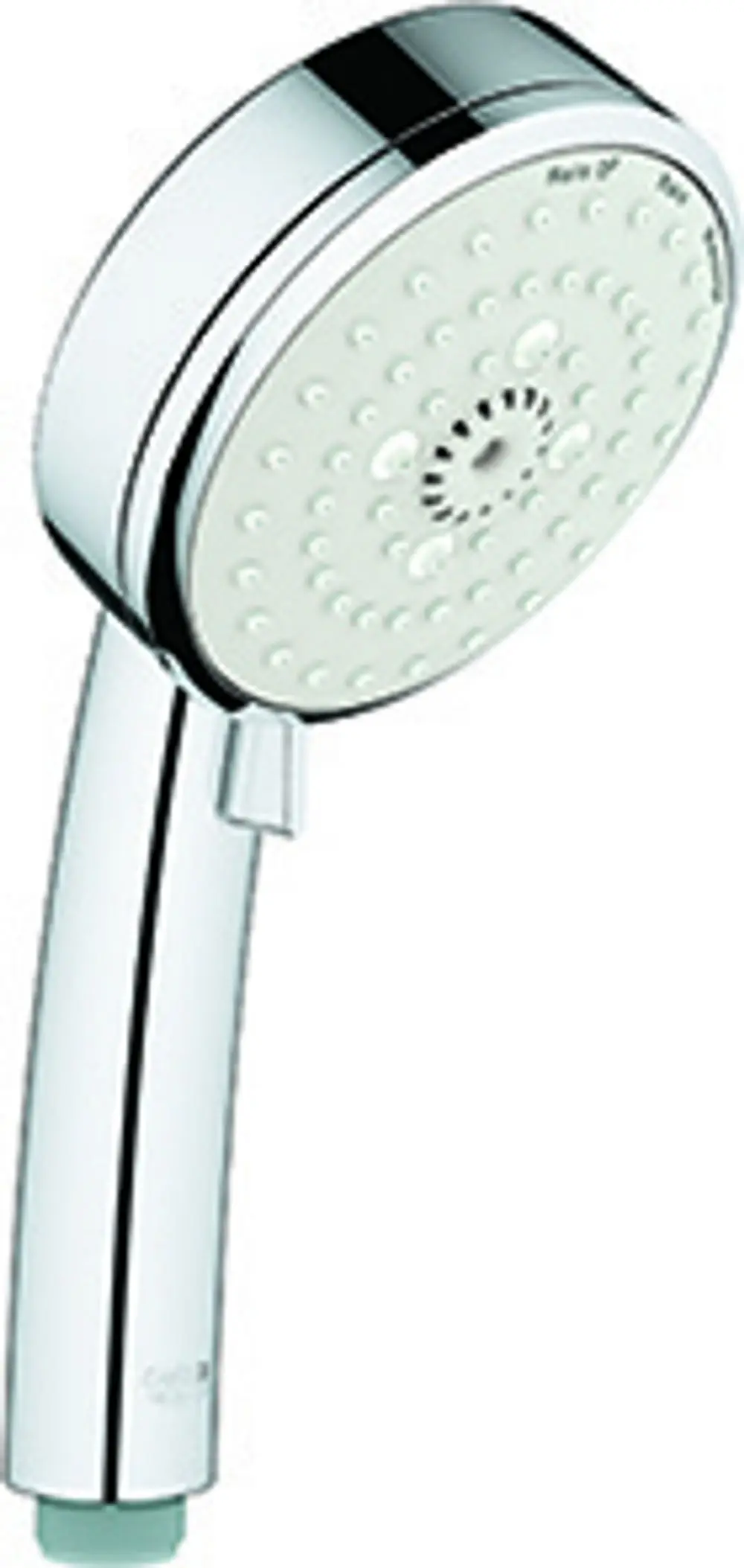 Grohe Handbrause mit verchromtem Kopf und weißem Brauseboden, ausgestattet mit drei Strahlarten, fixiert an einem schlanken Griff.