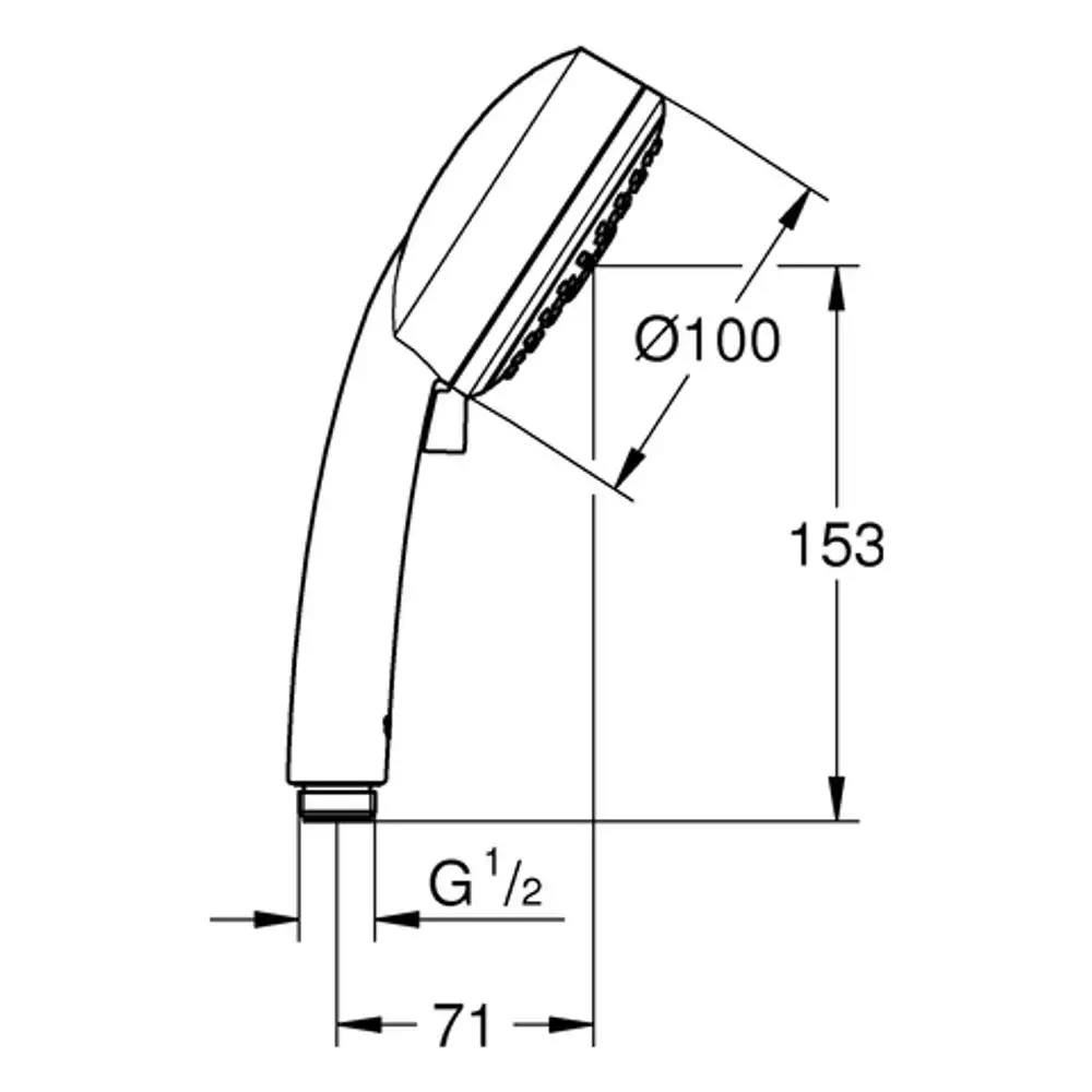 Handbrause von Grohe mit runder Kopfteilform und ausgezogenem Schlauchanschluss. Die Maße und das Design sind im technischen Zeichnungsstil dargestellt.