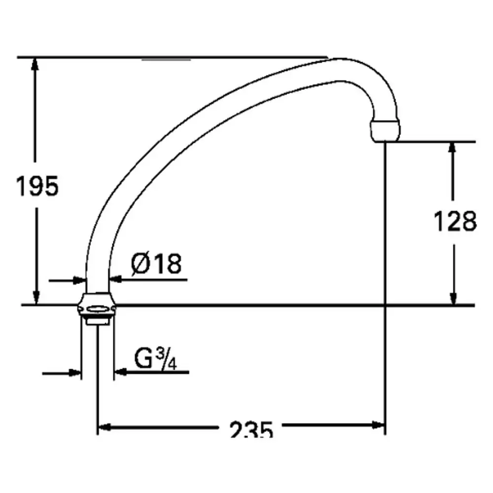 GROHE Rohrauslauf mit gebogenem Design, Anschluss G3/4, Durchmesser Ø18 mm, für Anwendungen im Sanitärbereich. Zeichnung zeigt Maße und Form.