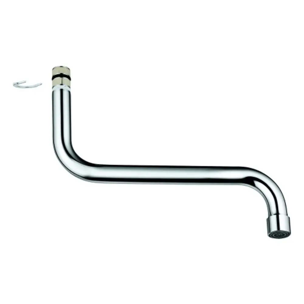 Chromfarbener Auslauf von Grohe mit einem gebogenen Design und einem festen Ende. An einem Ende ist eine Befestigungsklammer sichtbar.