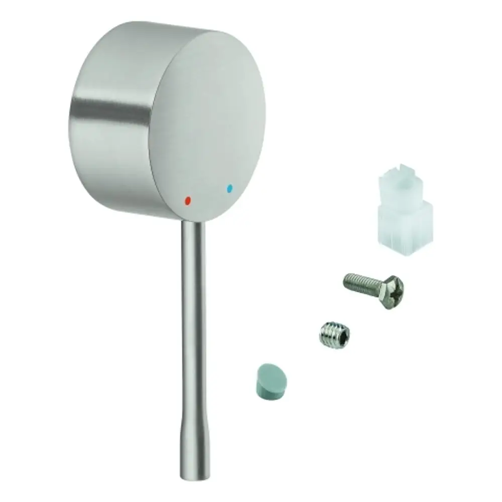GROHE Hebel in Edelstahloptik mit roter und blauer Markierung, inklusive Montagezubehör. Ideal für Armaturen in modernen Badezimmern oder Küchen.